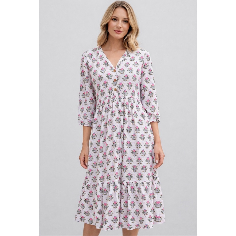 WK Woven Kala Hand Blocked Floral Midi Dress in Pink and Green